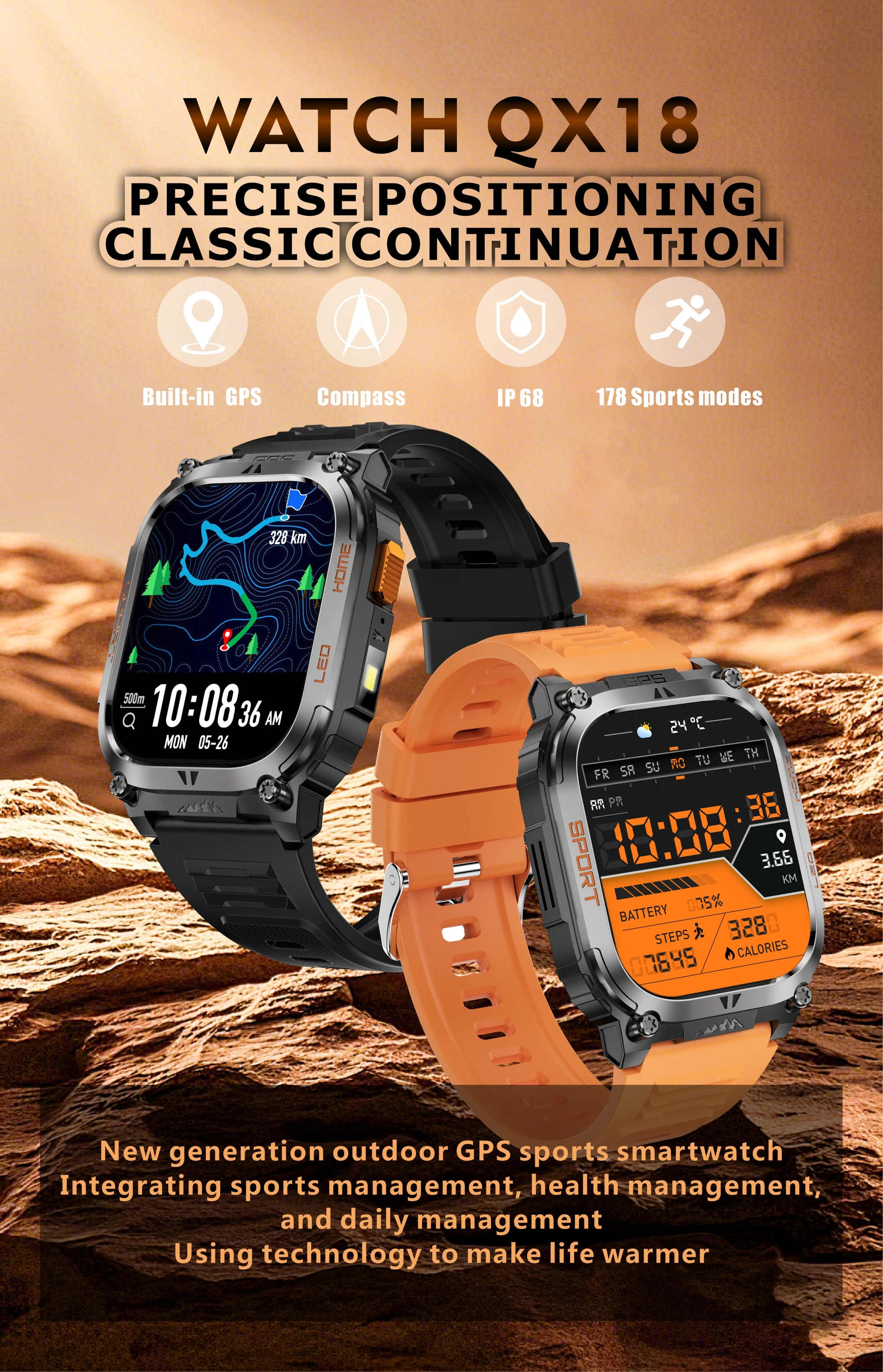 New Ciberer QX18 GPS Smart Watch Ultra-large 2.01''Display Built-in GPS Compass & Altimeter Health & Fitness Tracking Smartwatch
