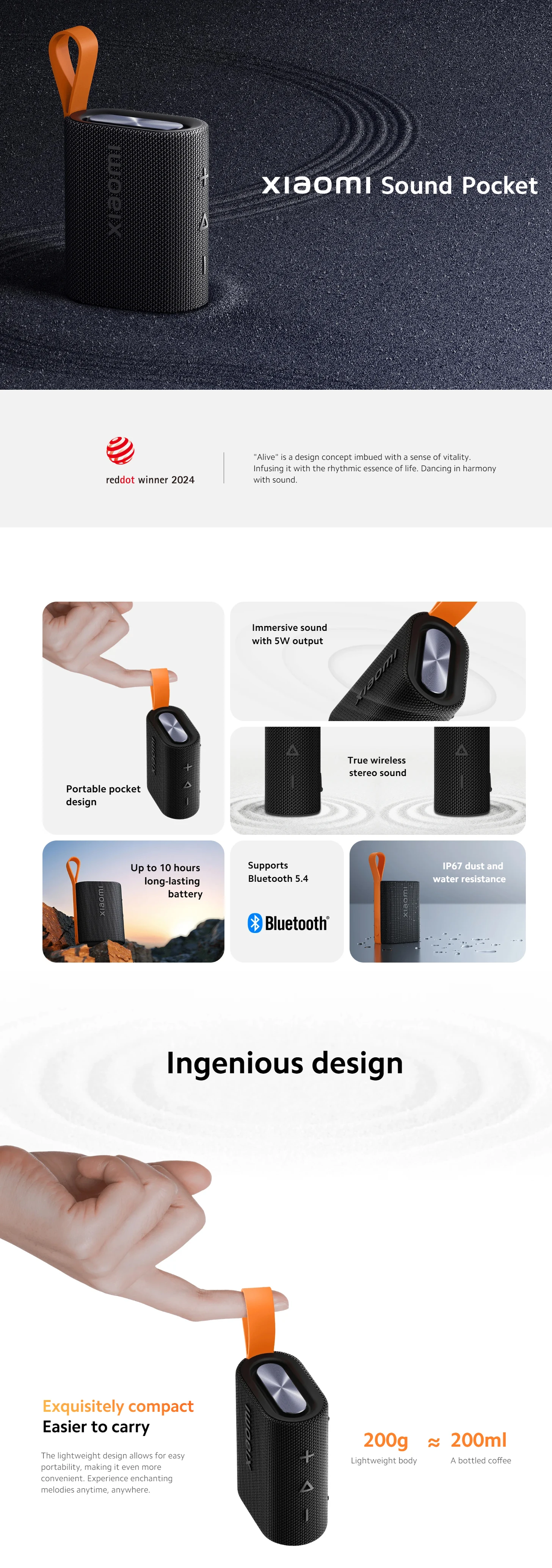 NEW Xiaomi Sound Pocket IP67 Bluetooth 5.4 Portable Speaker TWS Stereo Combo 1000mAh 10-Hour Ultra-Long Battery Life Microphone