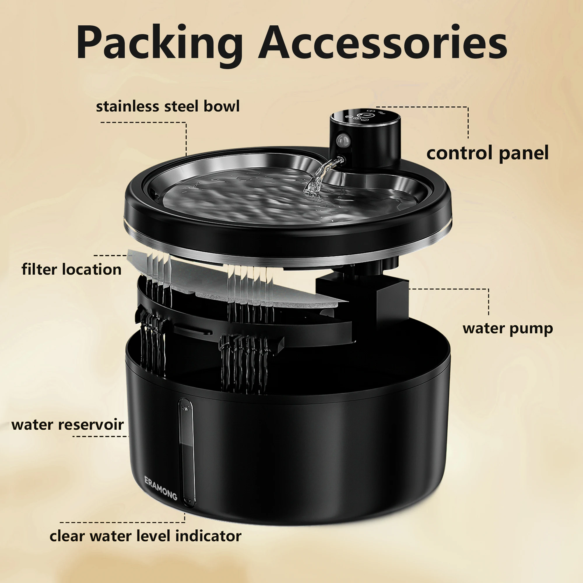 2.5L Wireless Stainless Steel Basin Cat Water Fountain, Rechargeable Battery Operated Pet Waterer with Motion Sensor & 2 Filters