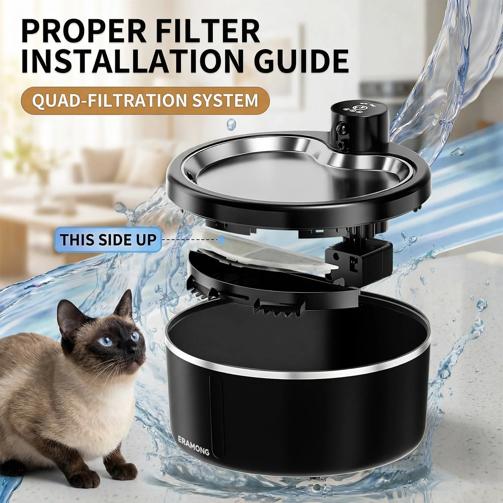 2.5L Wireless Stainless Steel Basin Cat Water Fountain, Rechargeable Battery Operated Pet Waterer with Motion Sensor & 2 Filters