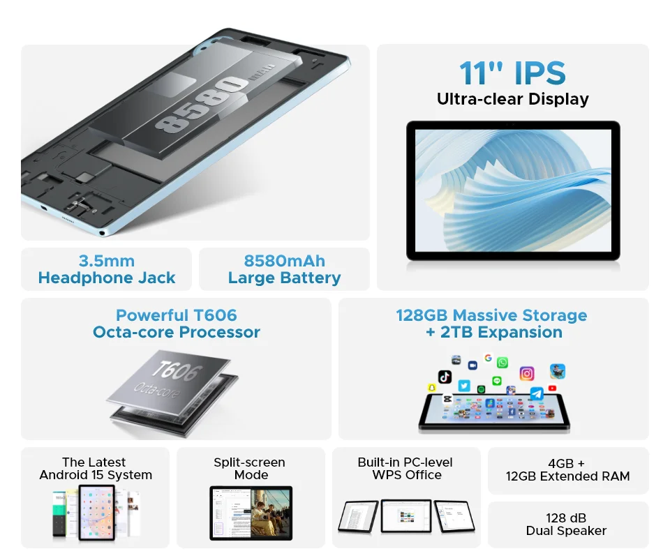 DOOGEE U11 Android 15 Tablet 11' Ultra-clear 90Hz Display 16GB(4+12) 128GB 8580mAh Battery Unisoc T606 Octa-core Dual Speaker