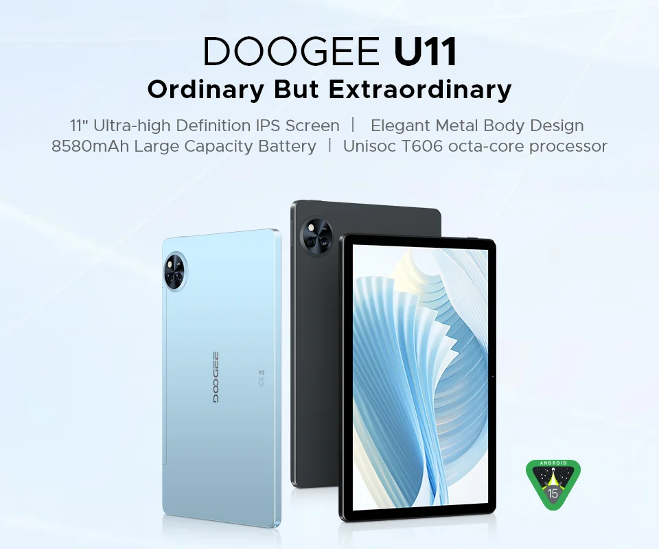 DOOGEE U11 Android 15 Tablet 11' Ultra-clear 90Hz Display 16GB(4+12) 128GB 8580mAh Battery Unisoc T606 Octa-core Dual Speaker