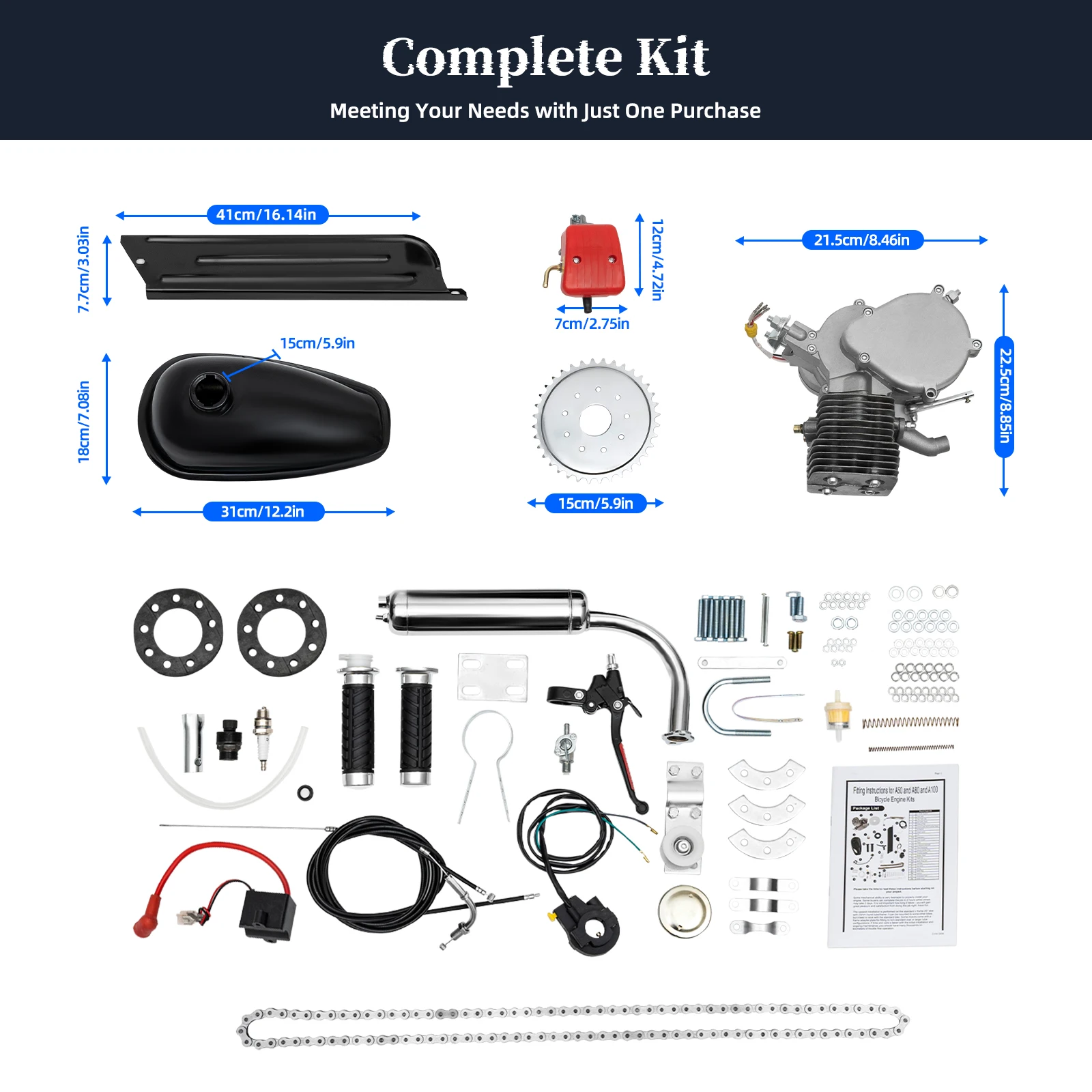 36/44 Tooth 100CC 2-stroke Bike Petrol Engine Set Bicycle Gasoline Engine Kit Modify The Speed Single Cylinder, Air-cooling
