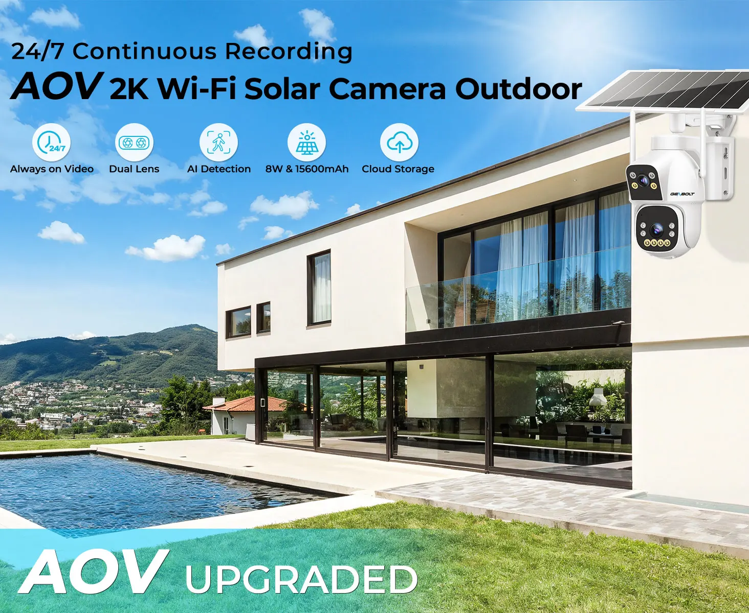 2.5K Outdoor Solar Security WIFI Camera AOV 24/7, Dual Motion Detection, with SIM, 15600mAh Night Vision for Patio/Garage GENBOL