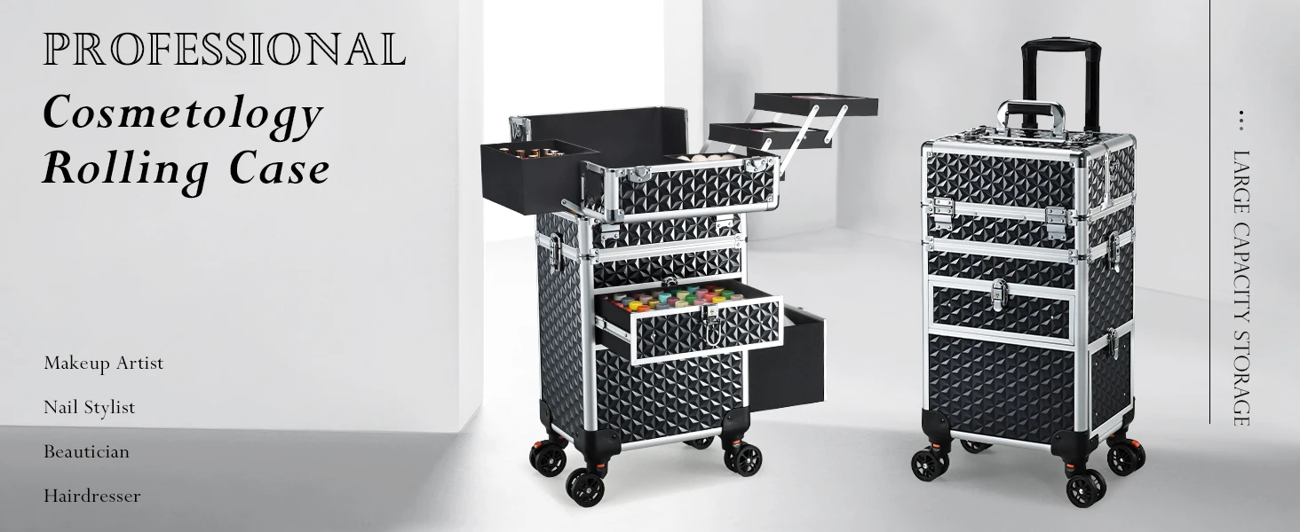 Rolling Makeup Case with Wheels Drawers Large Professional Cosmetology Trolley Case Lockable Travel Cosmetic Storage Train Cases