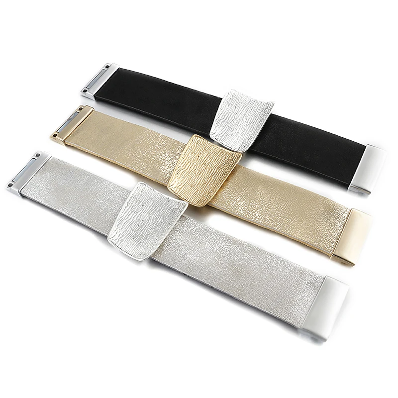 Amorcome Champagne Gold Color Metal Charm Genuine Leather Bracelet for Women Femme Fashion Wide Wrap Bracelets Bangles Jewelry