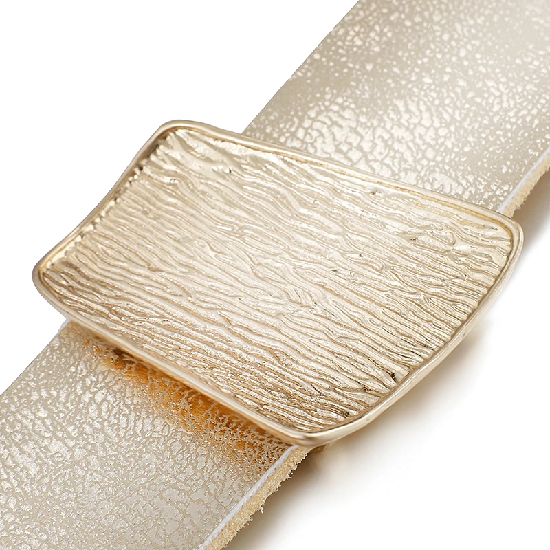 Amorcome Champagne Gold Color Metal Charm Genuine Leather Bracelet for Women Femme Fashion Wide Wrap Bracelets Bangles Jewelry