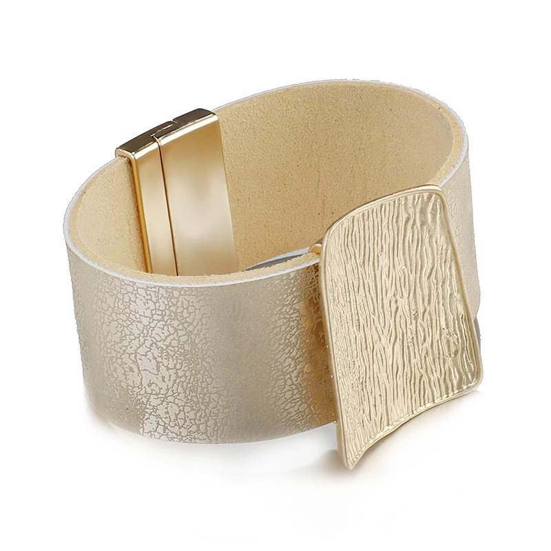 Amorcome Champagne Gold Color Metal Charm Genuine Leather Bracelet for Women Femme Fashion Wide Wrap Bracelets Bangles Jewelry