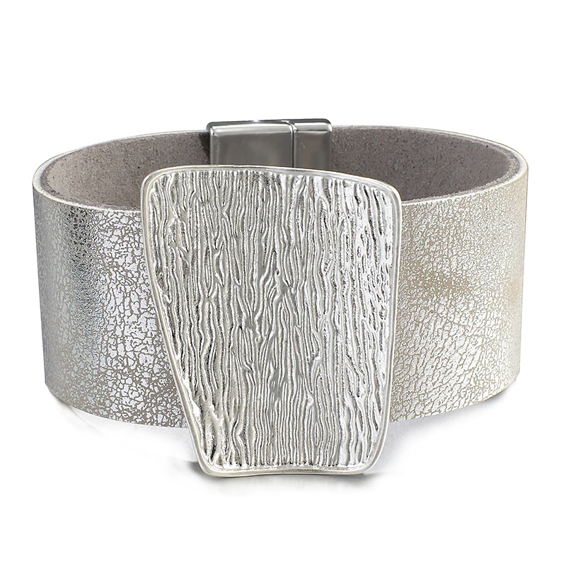 Amorcome Champagne Gold Color Metal Charm Genuine Leather Bracelet for Women Femme Fashion Wide Wrap Bracelets Bangles Jewelry