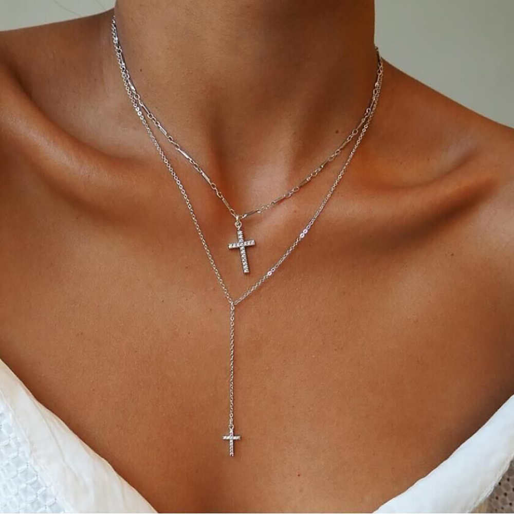 Fashion Gold-plate Crystal Cross Necklaces Pendants Boho Double Layered Necklace Catholic Religious Christian Statement Jewelry