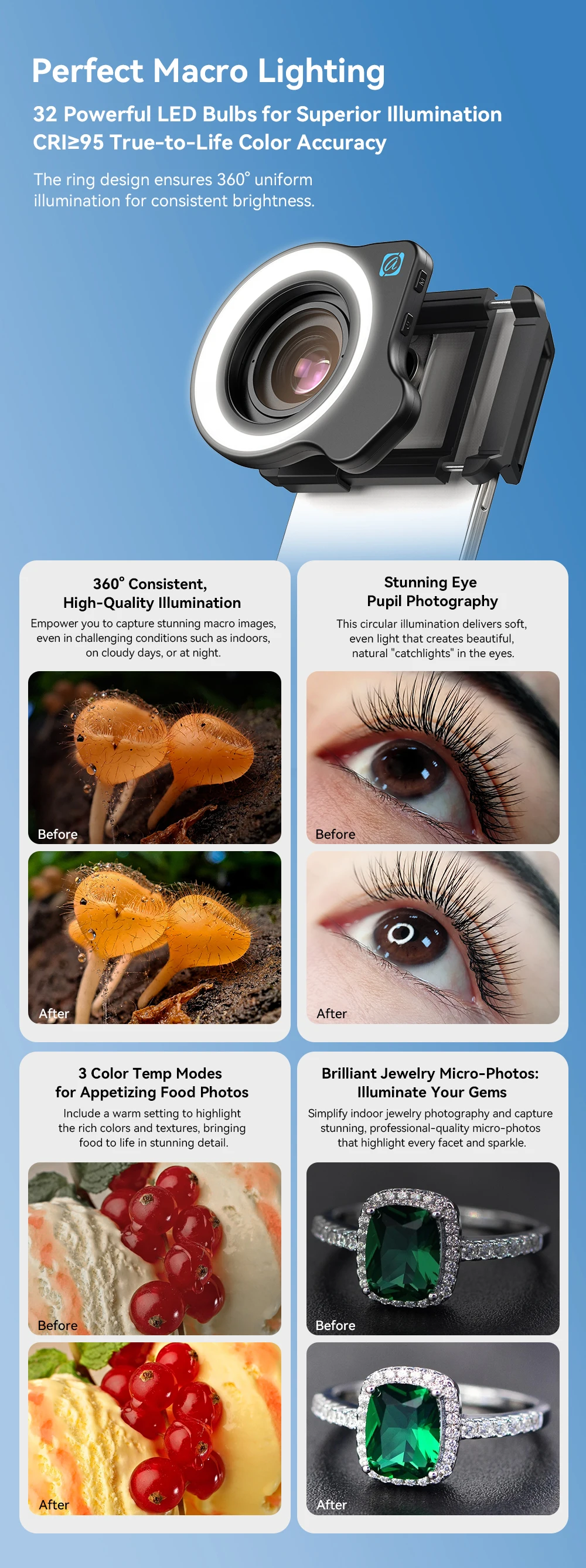 APEXEL 10-20X Zoom Macro Lens HD Micro Phone Camera Lenses with LED Fill Light for iPhone Samsung All Smartphones Eyelash Macro