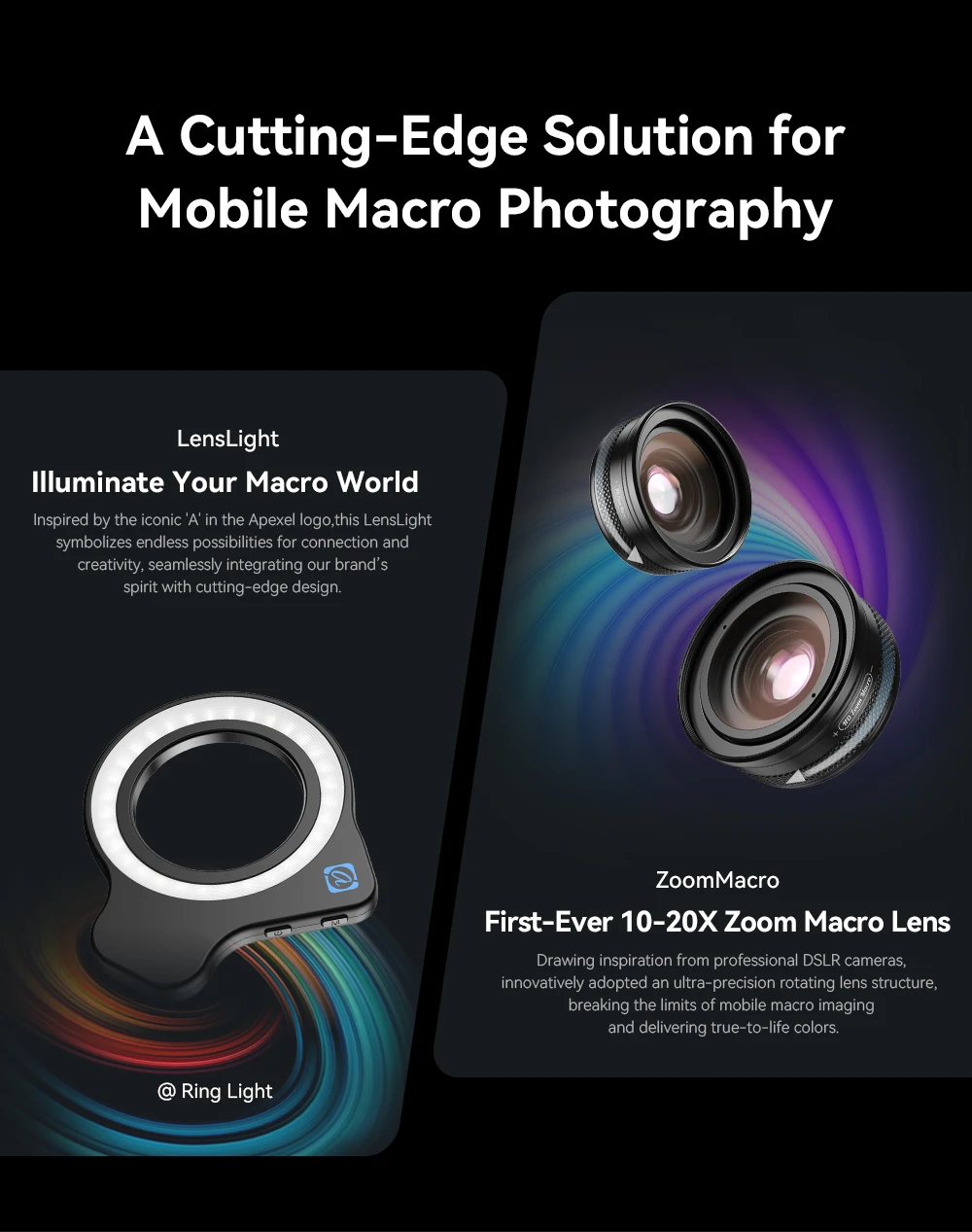 APEXEL 10-20X Zoom Macro Lens HD Micro Phone Camera Lenses with LED Fill Light for iPhone Samsung All Smartphones Eyelash Macro