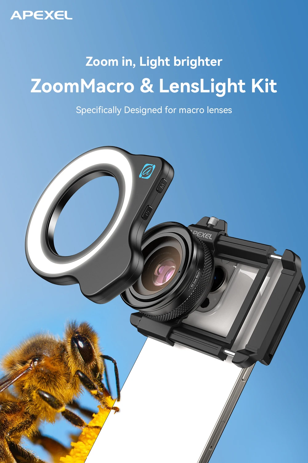 APEXEL 10-20X Zoom Macro Lens HD Micro Phone Camera Lenses with LED Fill Light for iPhone Samsung All Smartphones Eyelash Macro