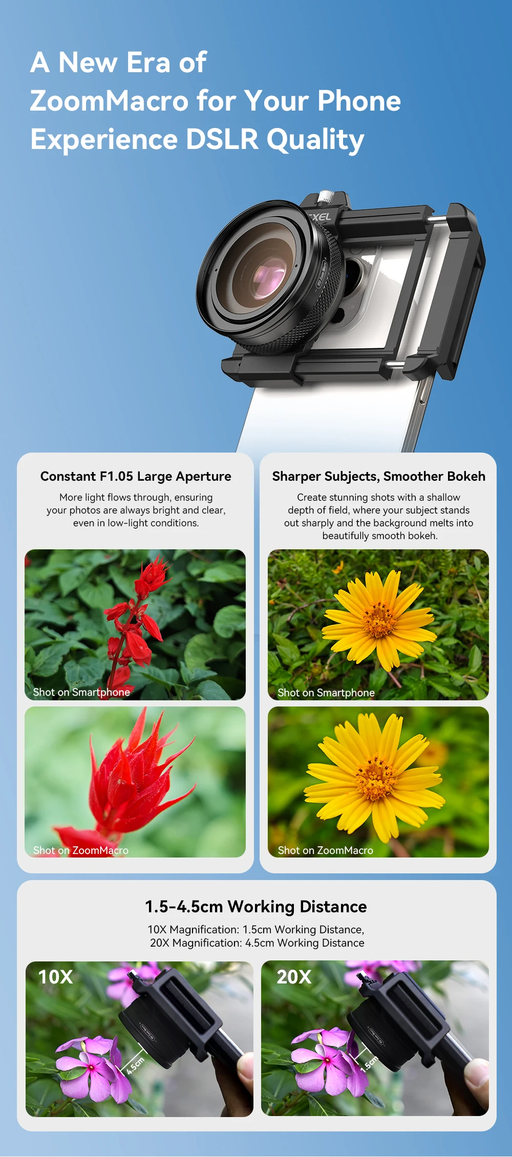 APEXEL 10-20X Zoom Macro Lens HD Micro Phone Camera Lenses with LED Fill Light for iPhone Samsung All Smartphones Eyelash Macro