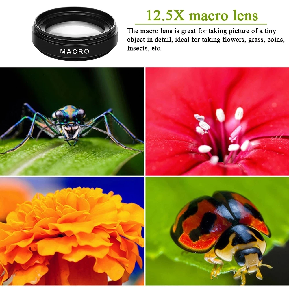 2 In 1 Mobile Phone Lens 0.45x Super Wide Angle 12.5x Macro HD Camera Lens For iPhone 12 11 8 7 6 XS Huawei Xiaomi Samsung