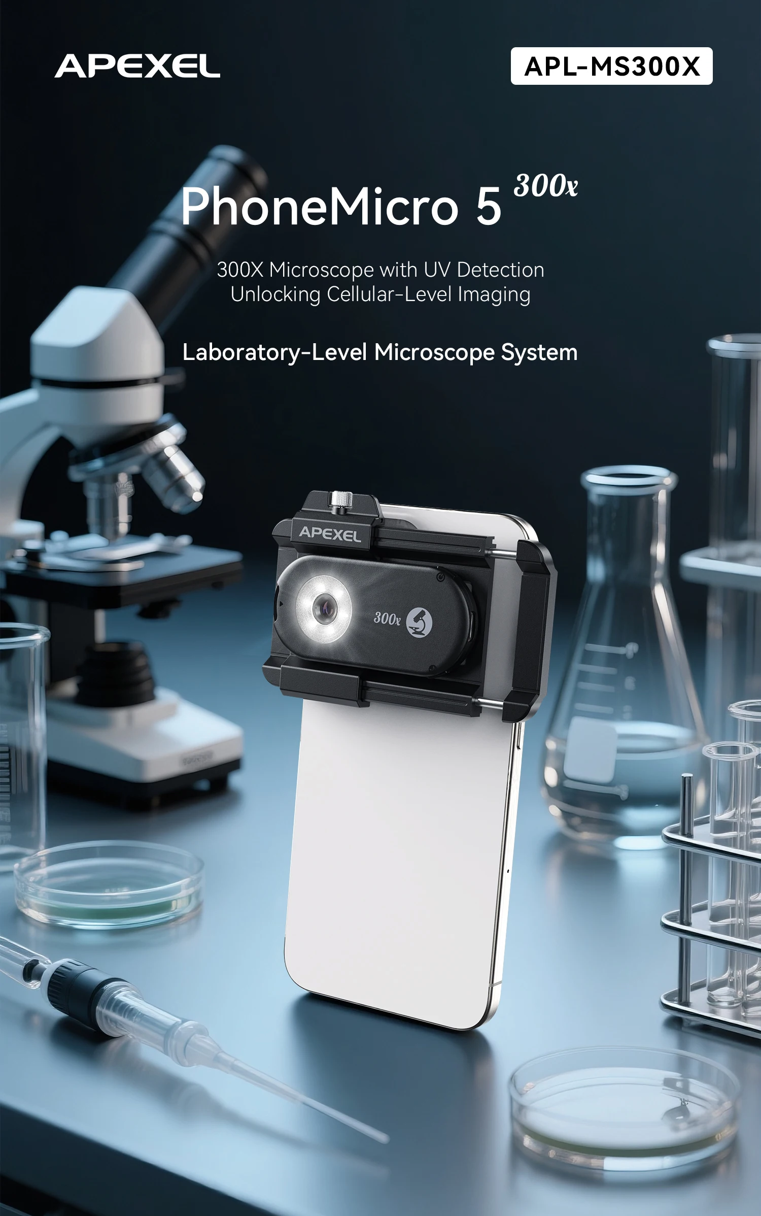 APEXEL Nano Zoom 300X Microscope Lens Mobile Phone Camera Lens Kit Mini Macro Lenses with LED Light for Almost All Smartphones