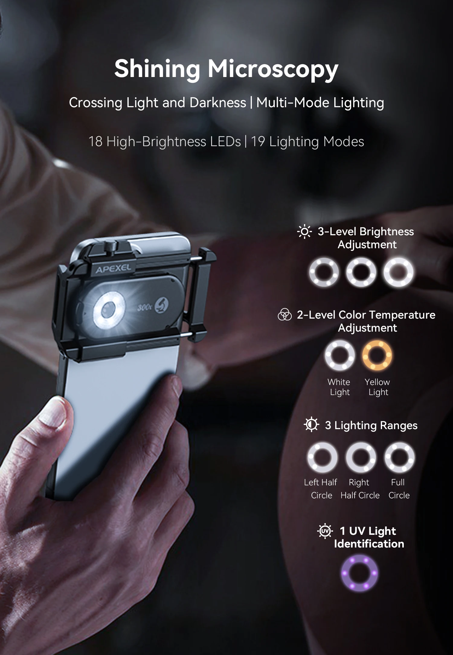 APEXEL Nano Zoom 300X Microscope Lens Mobile Phone Camera Lens Kit Mini Macro Lenses with LED Light for Almost All Smartphones