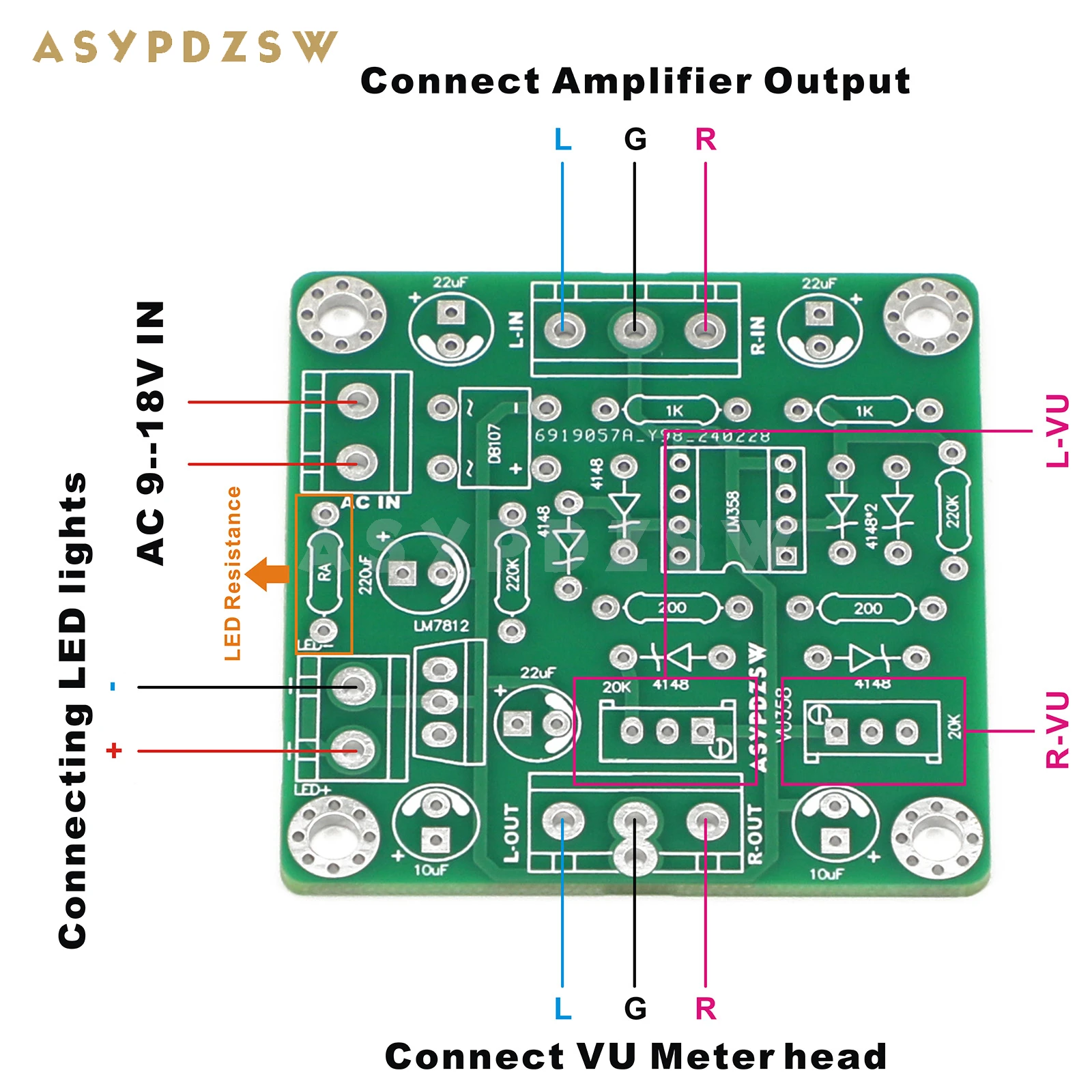 ASYPDZSW VU358 VU Level LM358 Audio Meter Driver DIY Kit/Finished Board +2 PCS With Warm LED Meter Head Adjustable Sensitivity
