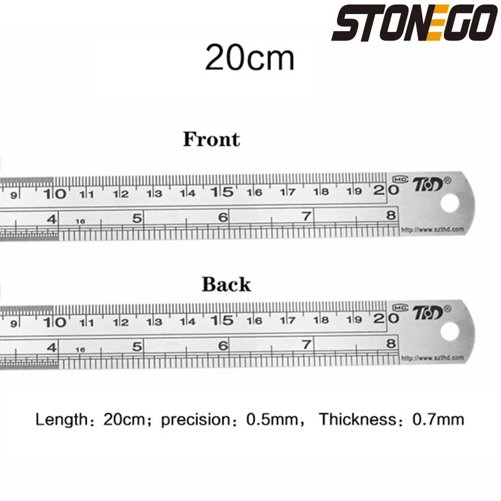 STONEGO Stainless Steel Ruler, 6, 8, 12, 16, 20 Inch Metal Rulers, With High Precision Graduation Line Double-Sided Scale
