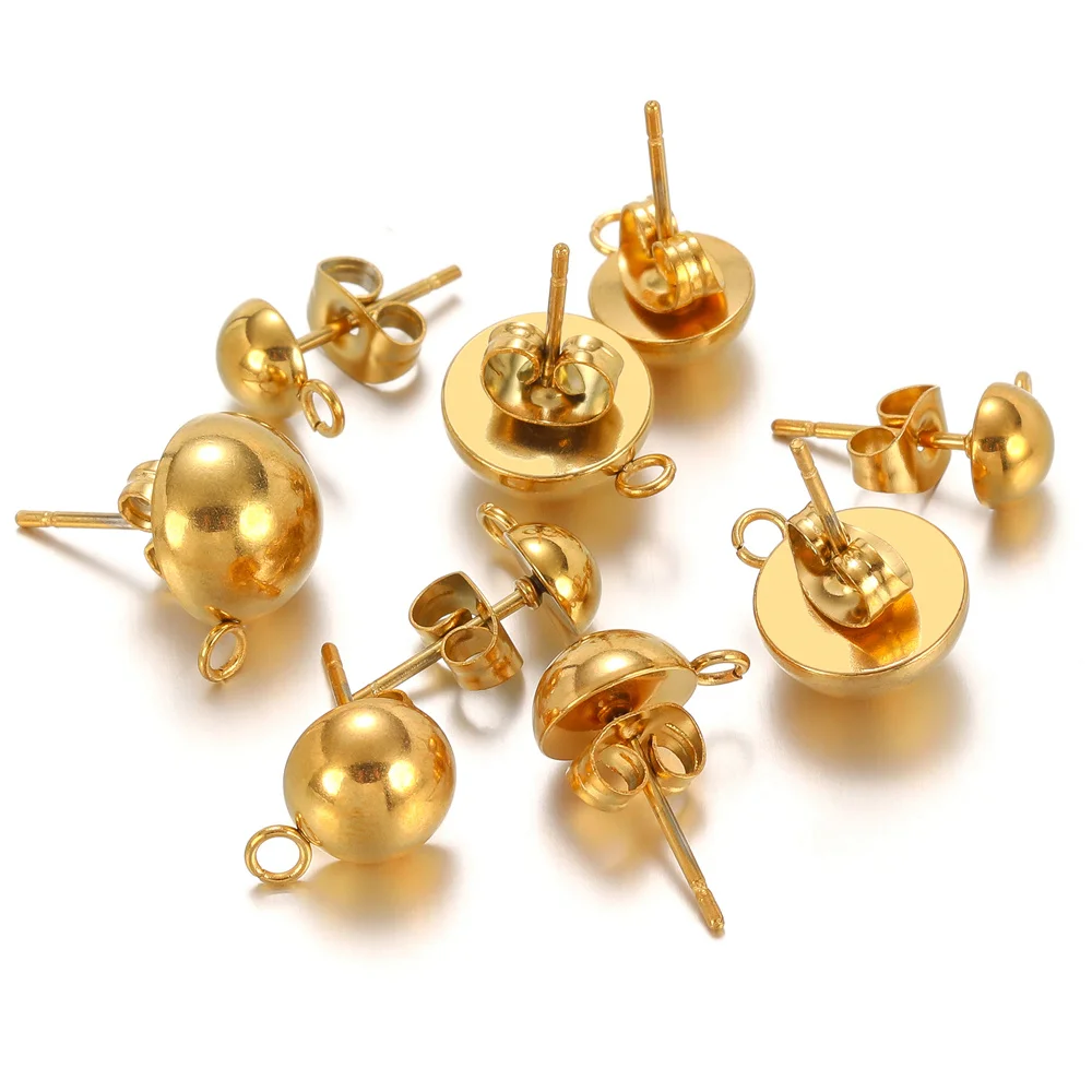 10pcs Stainless Steel Stud Earrings Base Solid Half Ball Ear Post with Open Ring For Earring Making Accessories 6/8/10mm