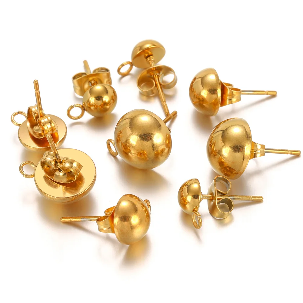 10pcs Stainless Steel Stud Earrings Base Solid Half Ball Ear Post with Open Ring For Earring Making Accessories 6/8/10mm