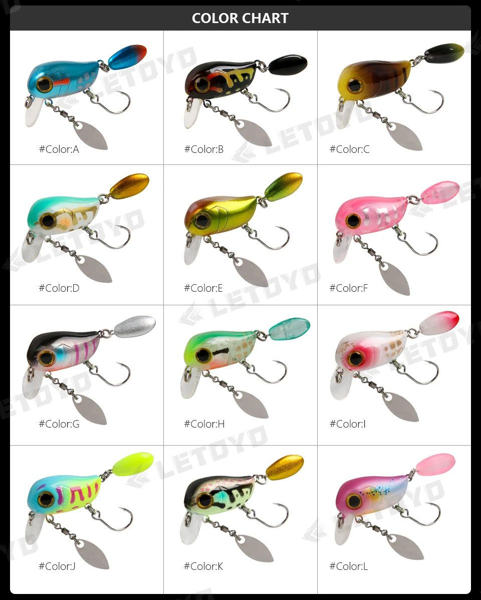 LETOYO Floating Micro Crankbaits 30mm2g Artificial Surface Wake Bait Crank Wobblers with spoon Fishing Lures for Trout Bass