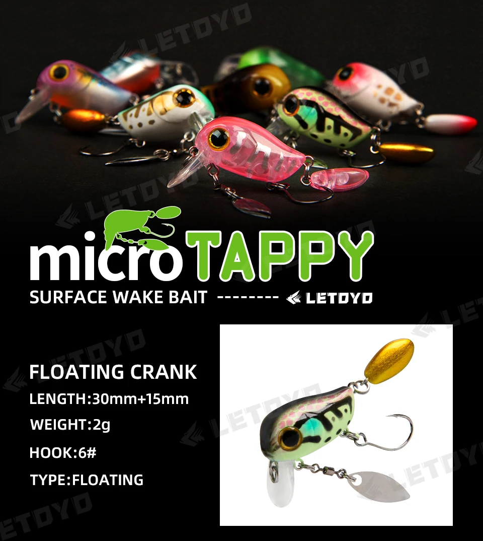 LETOYO Floating Micro Crankbaits 30mm2g Artificial Surface Wake Bait Crank Wobblers with spoon Fishing Lures for Trout Bass