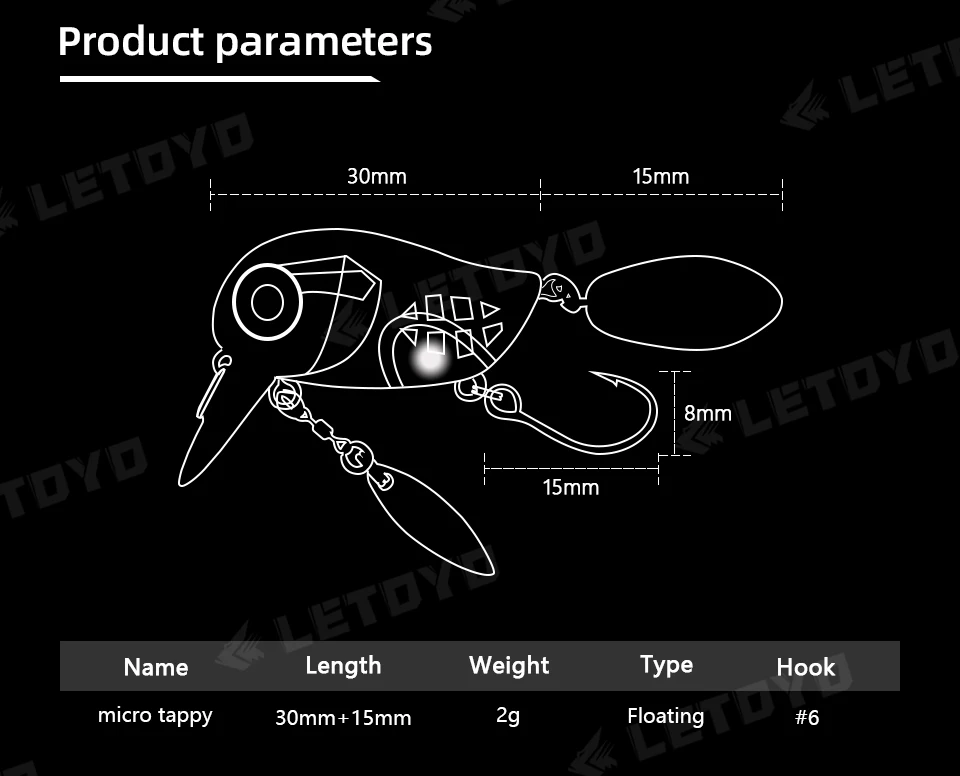LETOYO Floating Micro Crankbaits 30mm2g Artificial Surface Wake Bait Crank Wobblers with spoon Fishing Lures for Trout Bass