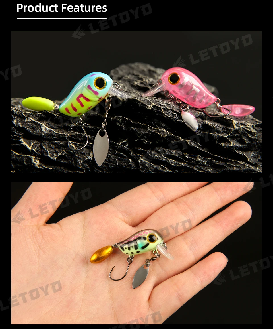 LETOYO Floating Micro Crankbaits 30mm2g Artificial Surface Wake Bait Crank Wobblers with spoon Fishing Lures for Trout Bass