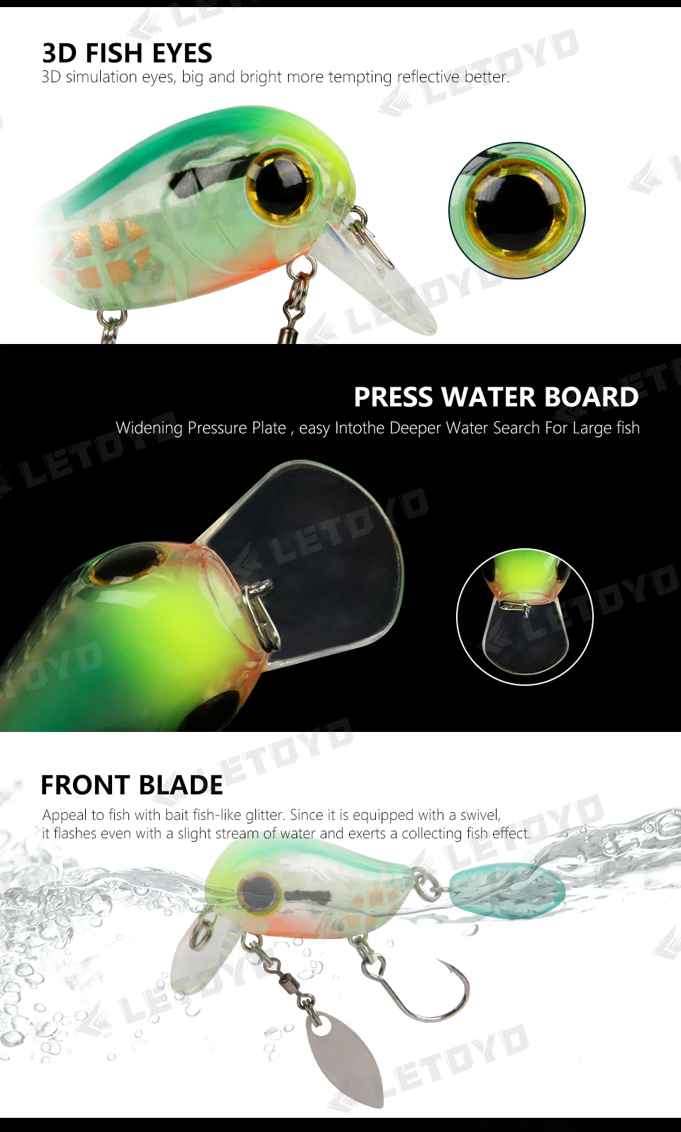 LETOYO Floating Micro Crankbaits 30mm2g Artificial Surface Wake Bait Crank Wobblers with spoon Fishing Lures for Trout Bass