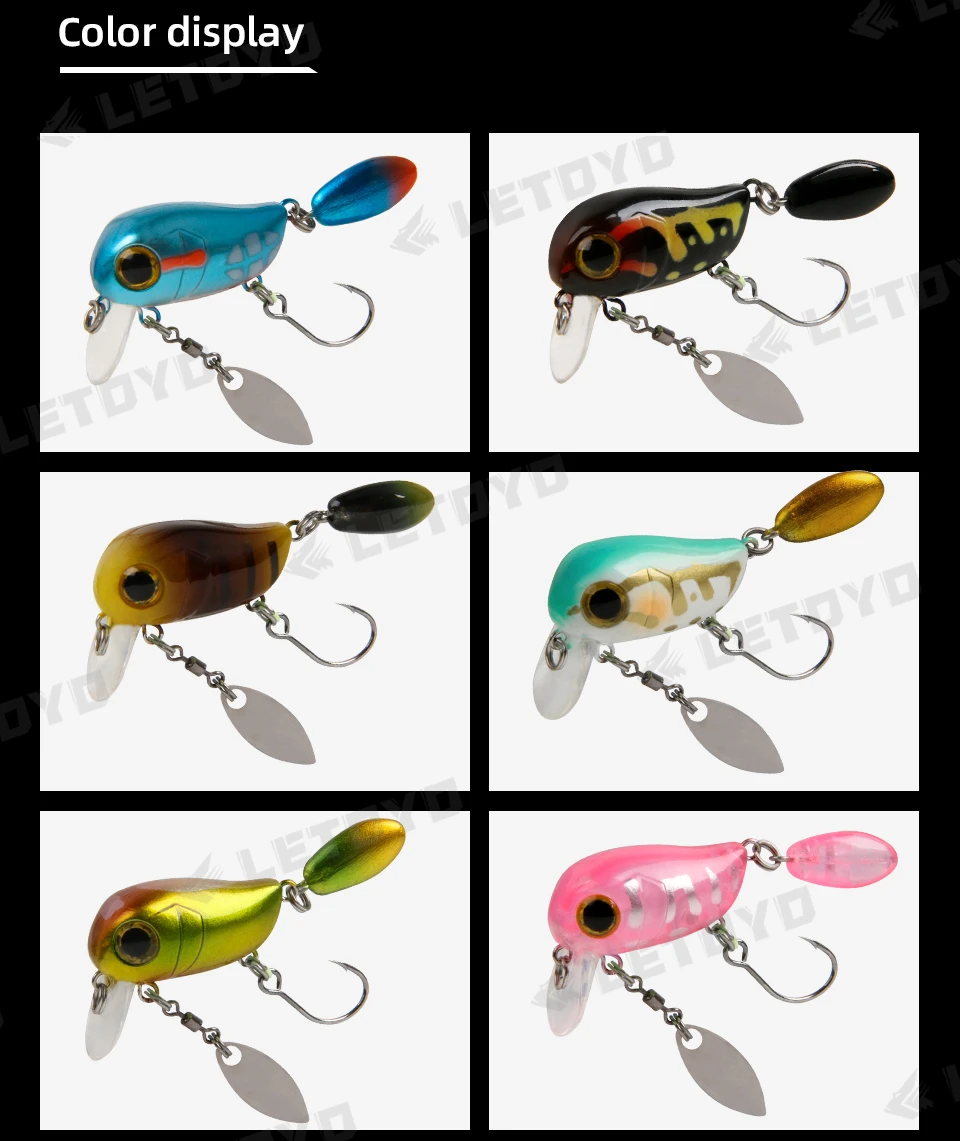 LETOYO Floating Micro Crankbaits 30mm2g Artificial Surface Wake Bait Crank Wobblers with spoon Fishing Lures for Trout Bass