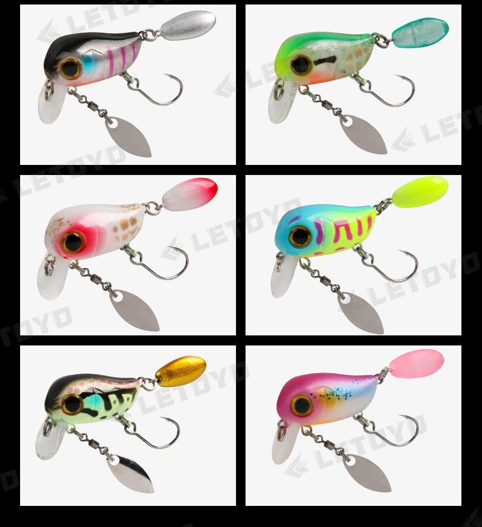 LETOYO Floating Micro Crankbaits 30mm2g Artificial Surface Wake Bait Crank Wobblers with spoon Fishing Lures for Trout Bass
