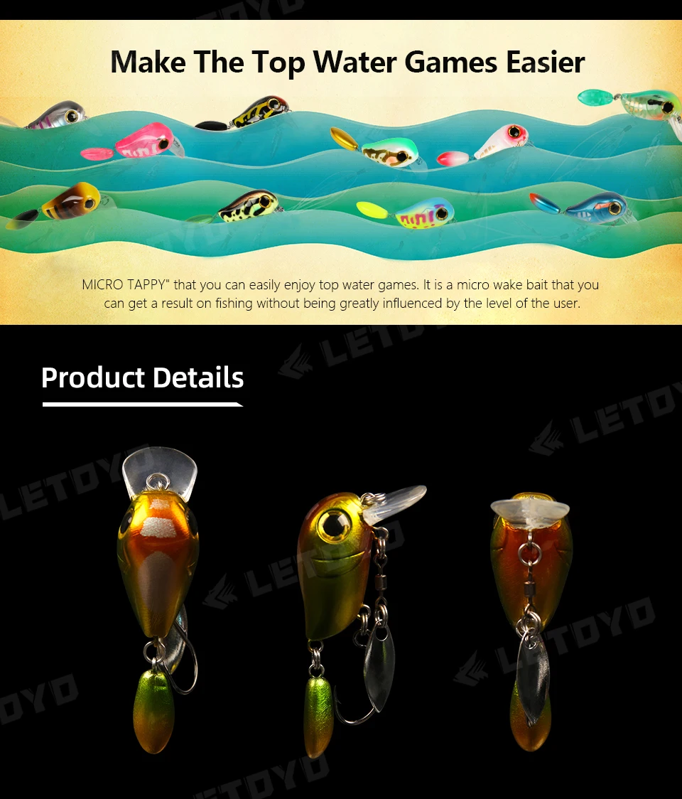 LETOYO Floating Micro Crankbaits 30mm2g Artificial Surface Wake Bait Crank Wobblers with spoon Fishing Lures for Trout Bass