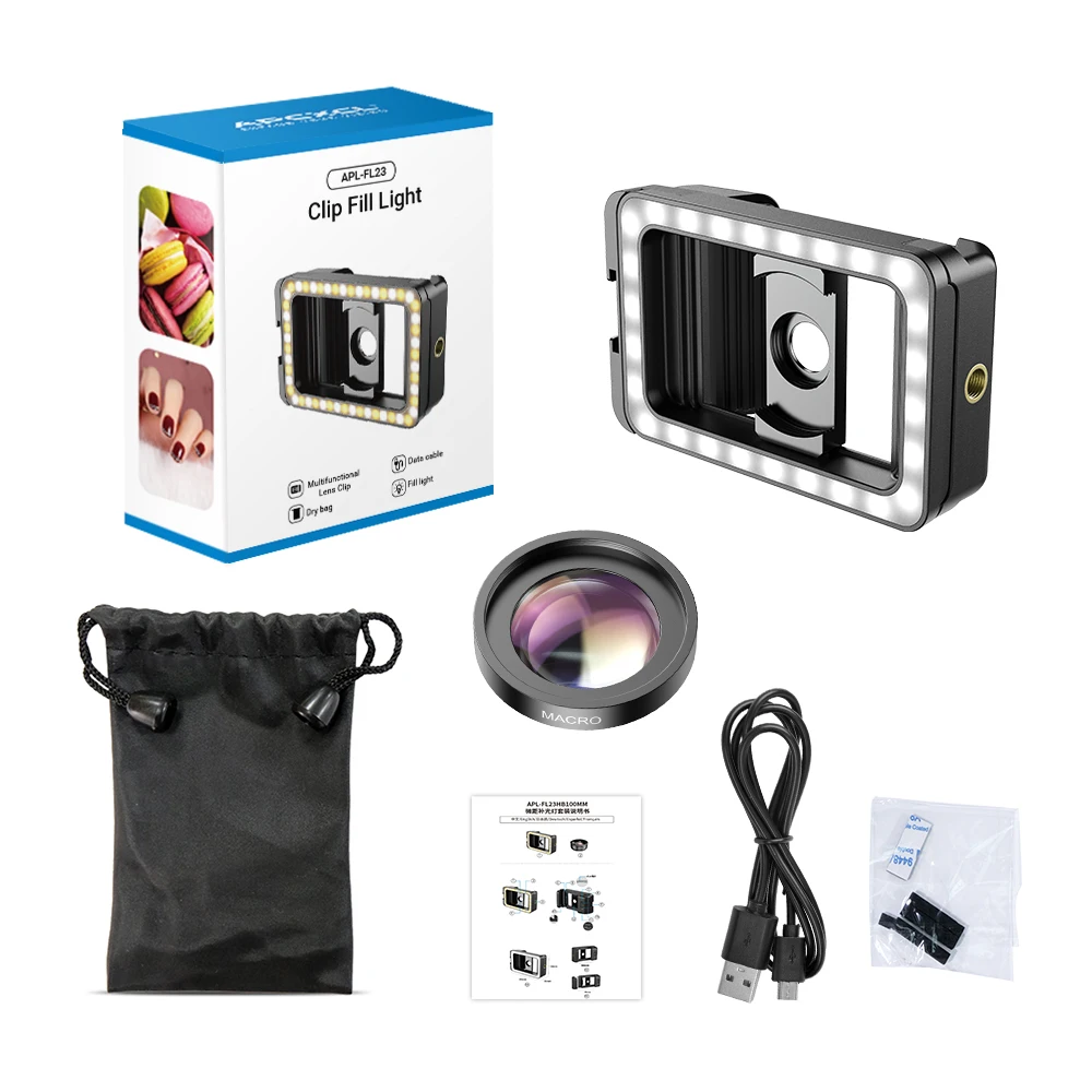 APEXEL HD 15x macro lens With LED Fill Light Universal Clamp 17mm/37mm threads Micro Lenses for iPhone Samsung all Smartphones