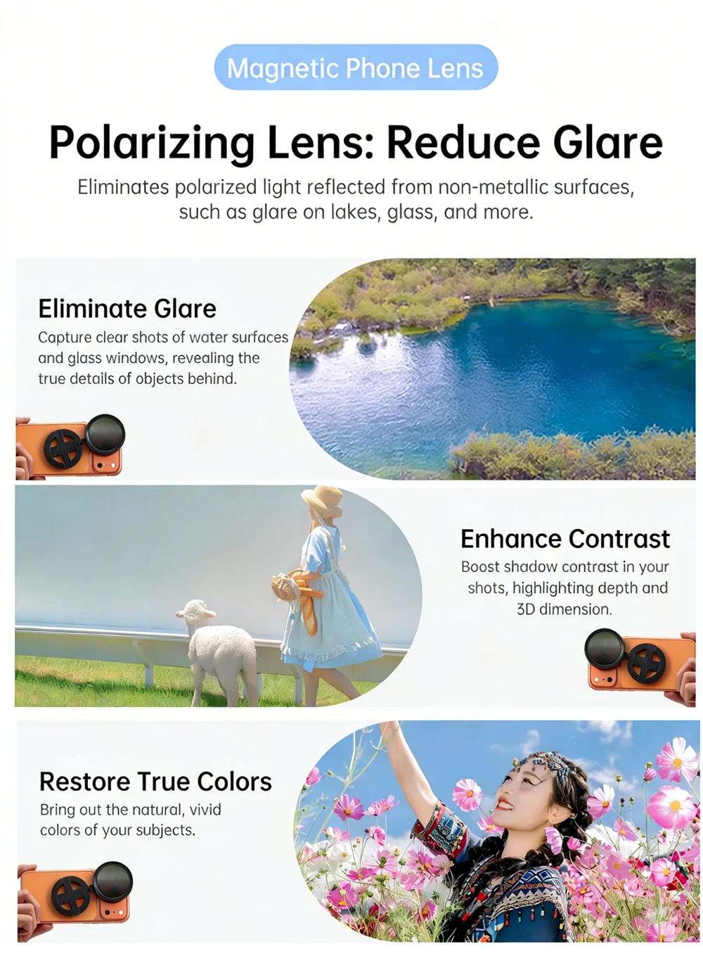 Magnetic Universal 52mm/67mm CPL Filter, HD Optical Glass Polarizer Lens for Most Smartphones iPhone Android Vlog Photography
