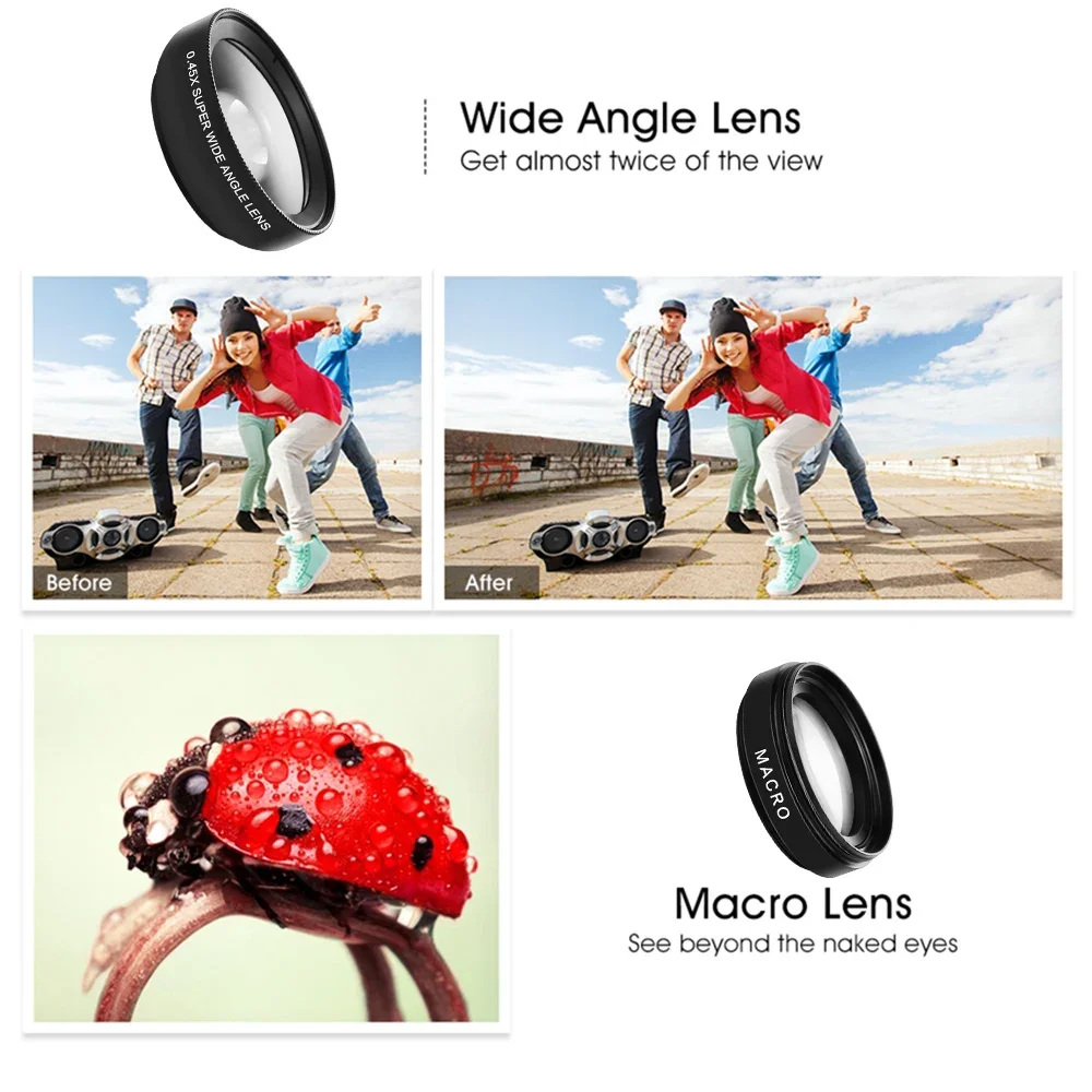 Two-In-One Functions Mobile Phone Lens 0.45X Wide Angle Len & 12.5X Macro HD Camera Lens Universal for iPhone Android Phone