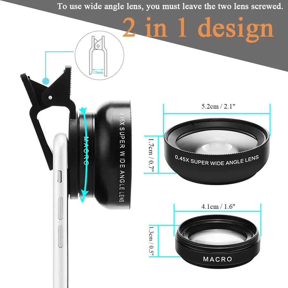 Two-In-One Functions Mobile Phone Lens 0.45X Wide Angle Len & 12.5X Macro HD Camera Lens Universal for iPhone Android Phone