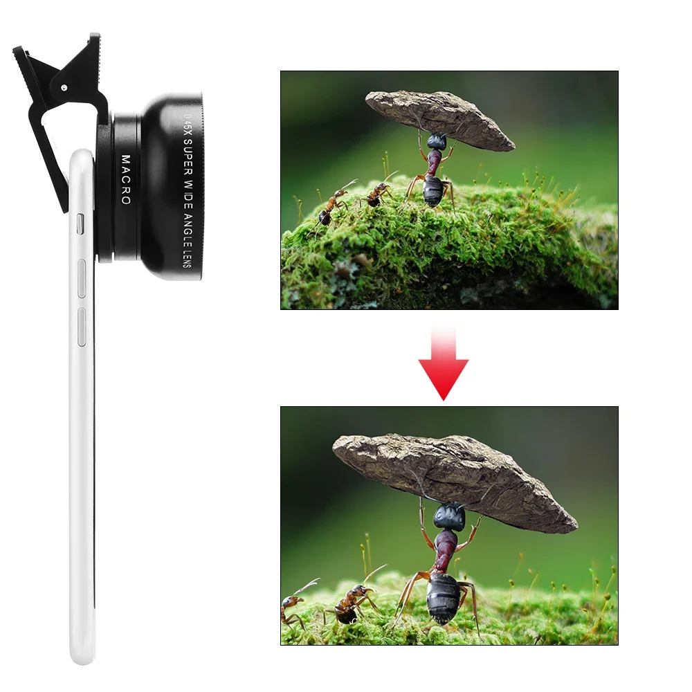 Two-In-One Functions Mobile Phone Lens 0.45X Wide Angle Len & 12.5X Macro HD Camera Lens Universal for iPhone Android Phone