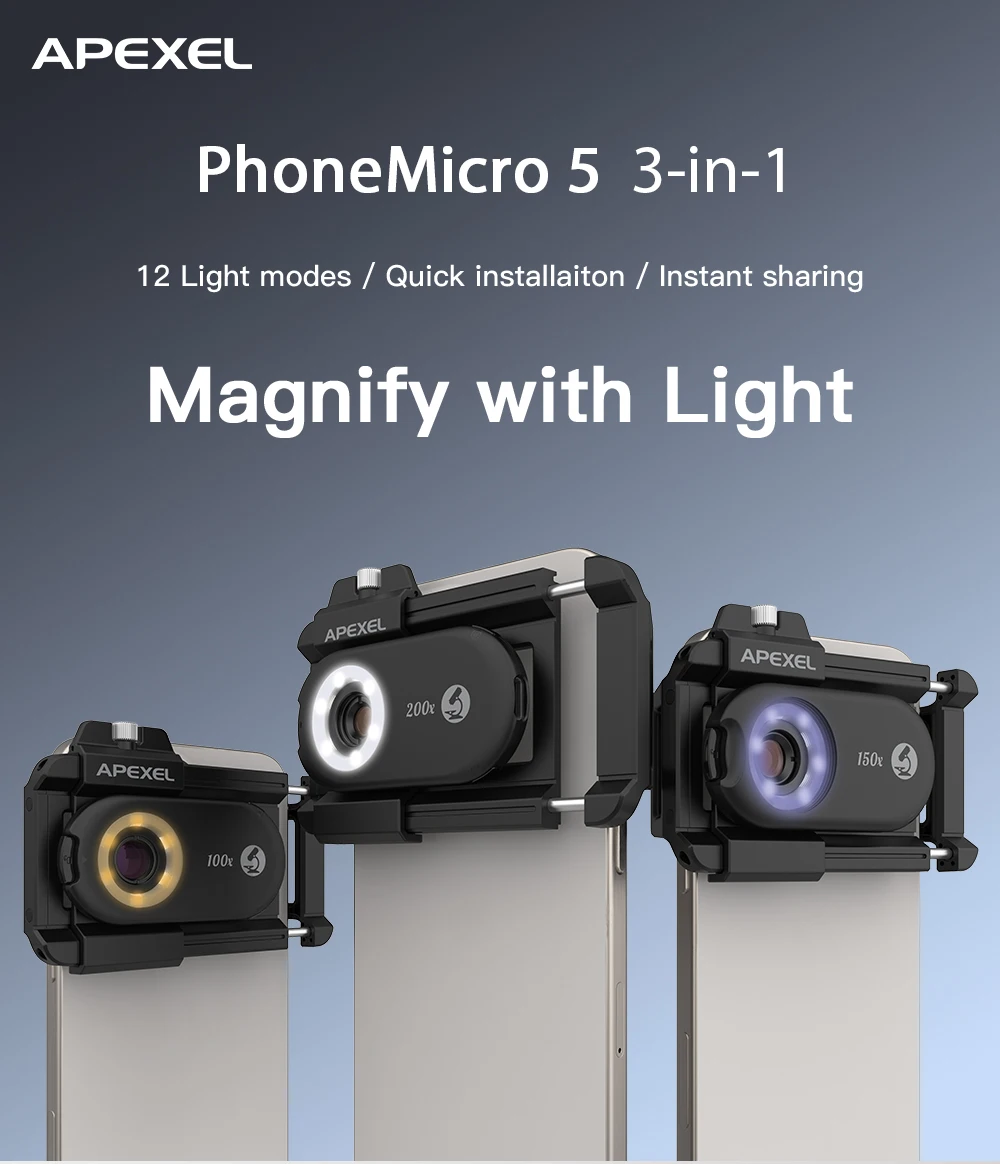 APEXEL NEW PhoneMicro 5 100X -200X Microscope Lens for Phone Lens 3 in 1 Magnification MacroLens with LED Smartphone Accessories