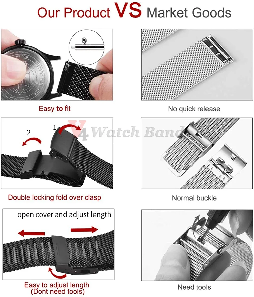 20mm 22mm 18mm Strap 0.6 1.0mm Mesh Milanese Watch Band for IWC for Rolex for Omega Stainless Steel Wristband for Seiko Bracelet