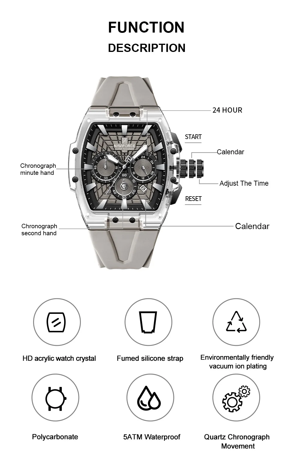 NAVIFORCE Top Brand Men Watches Multifunctional Chronograph Luminous Hands 30m Waterproof Silicone Strap Original Man Watch