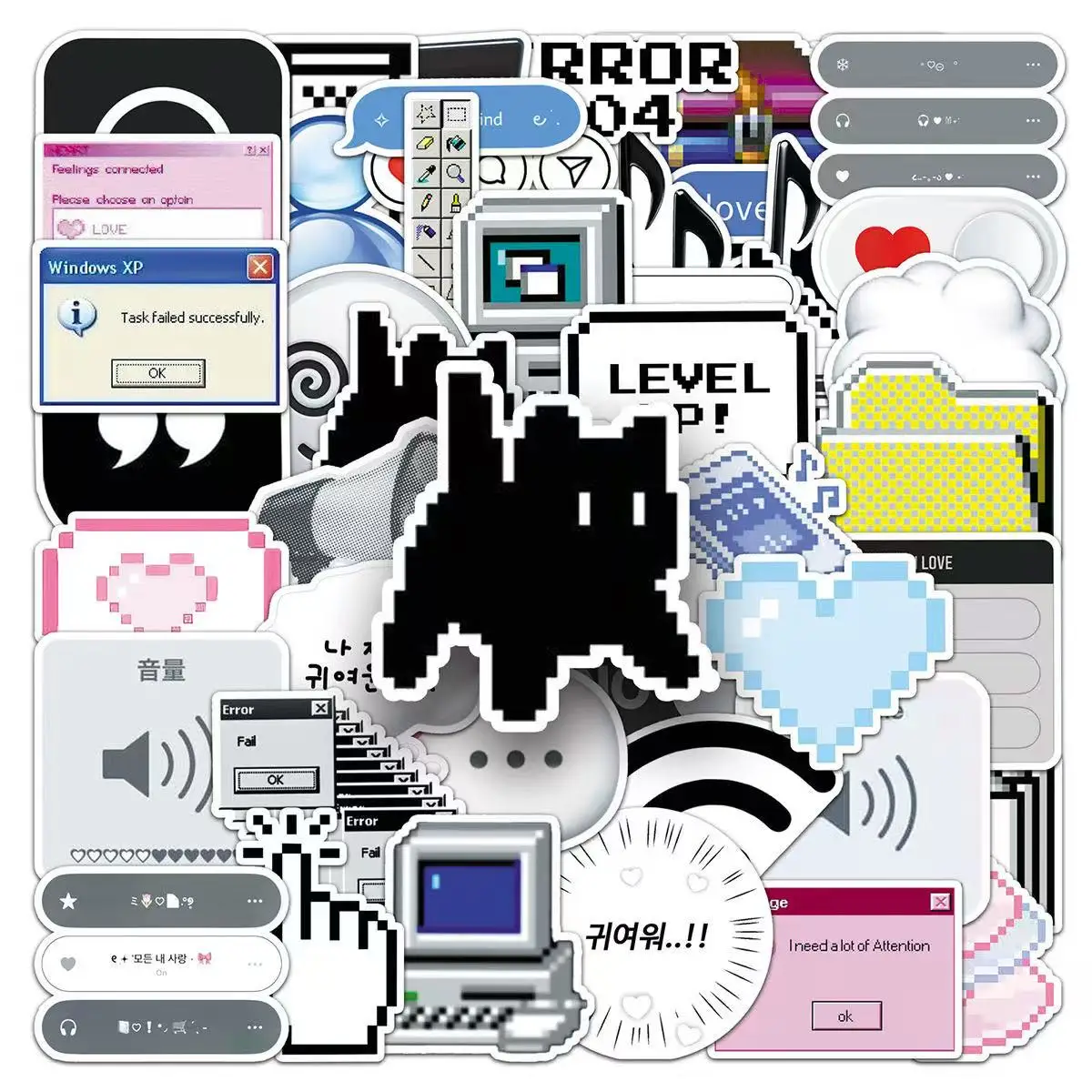 50Pcs Retro Pixel Cyber Y2K Sticker Pack, Vintage Windows XP UI & Black Cat Aesthetic Decals for Laptop, Phone Case & DIY Decor