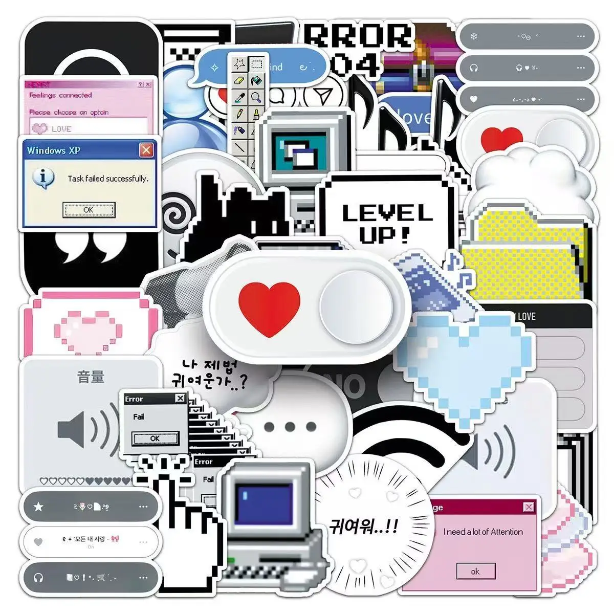 50Pcs Retro Pixel Cyber Y2K Sticker Pack, Vintage Windows XP UI & Black Cat Aesthetic Decals for Laptop, Phone Case & DIY Decor