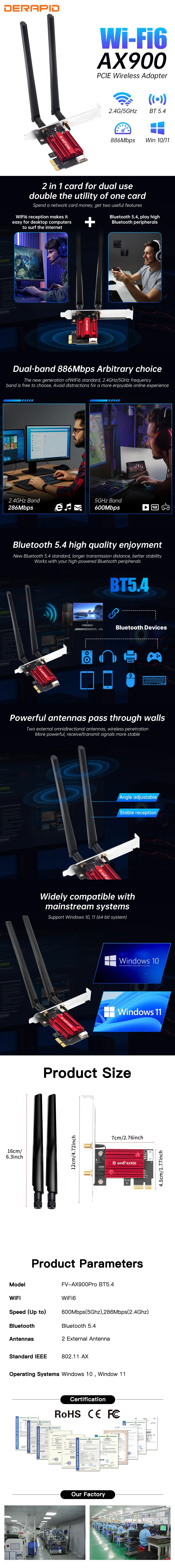 Fenvi AX900 WiFi 6 PCIe Wireless Adapter Dual Band 2.4G/5G Bluetooth 5.4 900Mbps Network Card for Desktop PC Gaming Win10/11