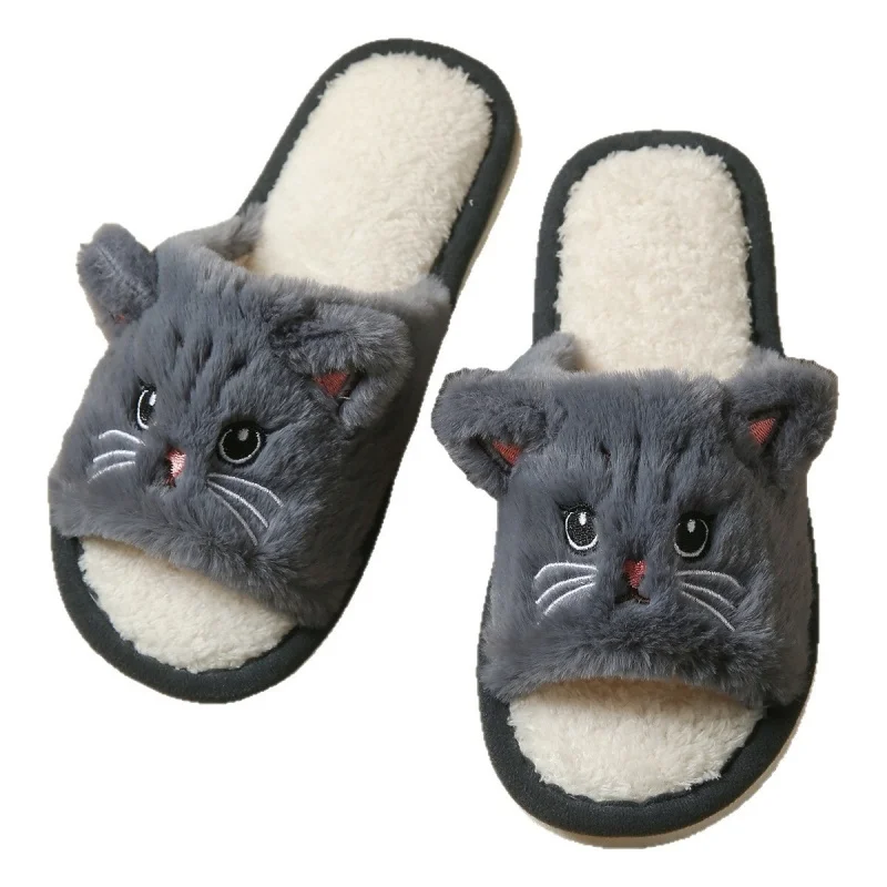 Cute Cat Plush Flip Flops For Women Men Warm Fuzzy Thong Slippers Cartoon Animal Indoor House Slippers Soft Thick EVA Sandals