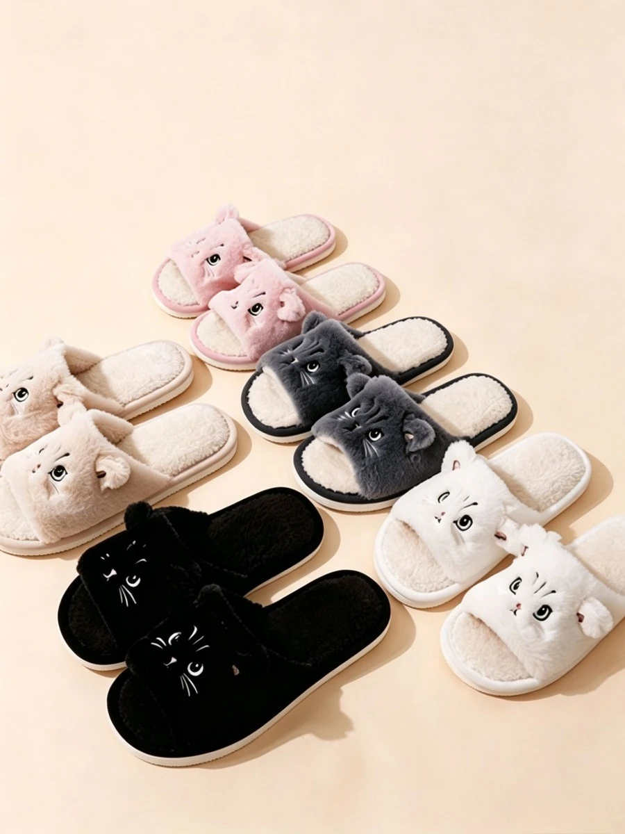 Cute Cat Plush Flip Flops For Women Men Warm Fuzzy Thong Slippers Cartoon Animal Indoor House Slippers Soft Thick EVA Sandals