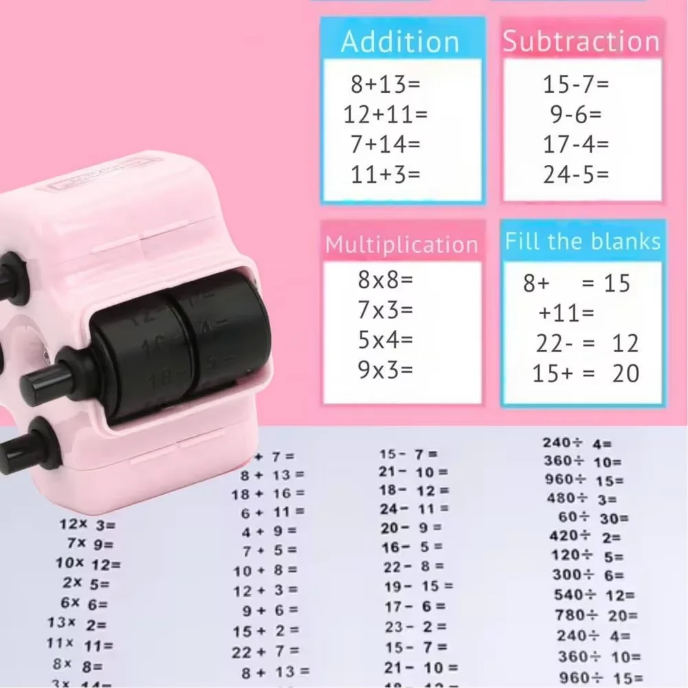 Reusable 4-in-1 Math Roller Stamp Set with Ink, Random Addition, Subtraction, Multiplication, and Division Practice Tool