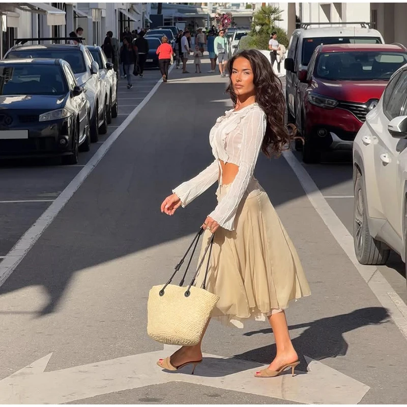 2026 Spring Summer Solid Sheer Chiffon Skirt Lace Slim Waist Pleated A-line Applique Midi Skirts Elegant Fashion Women Outfits