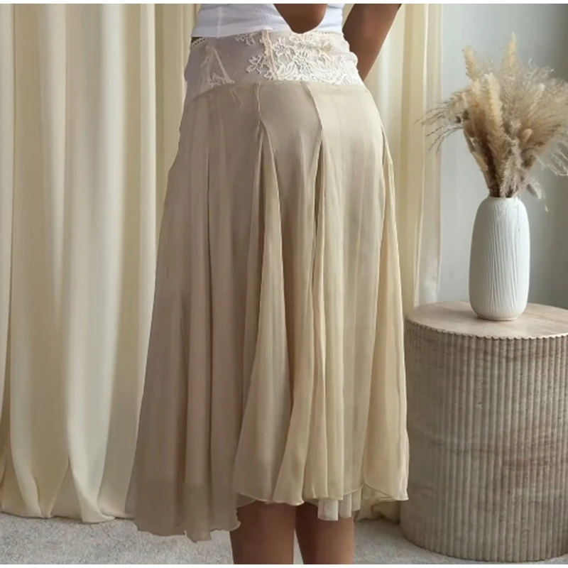 2026 Spring Summer Solid Sheer Chiffon Skirt Lace Slim Waist Pleated A-line Applique Midi Skirts Elegant Fashion Women Outfits