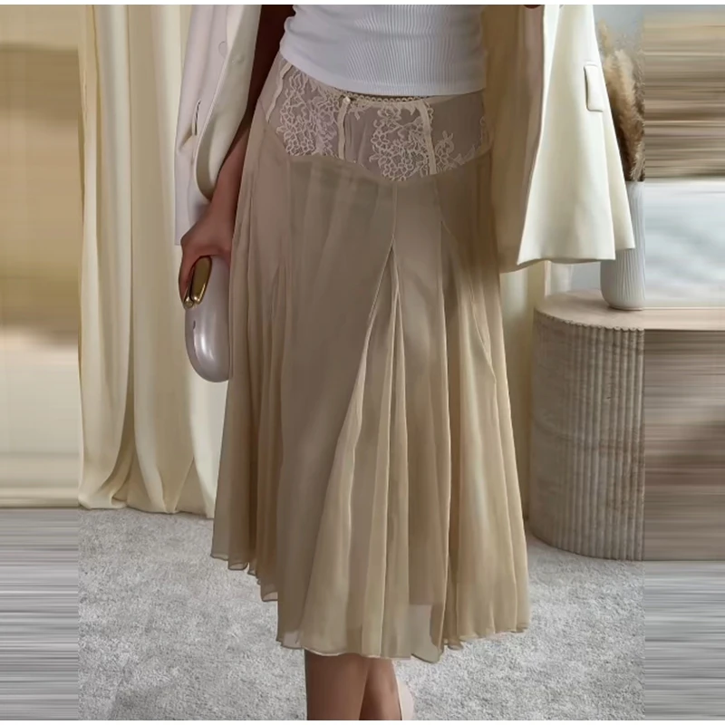 2026 Spring Summer Solid Sheer Chiffon Skirt Lace Slim Waist Pleated A-line Applique Midi Skirts Elegant Fashion Women Outfits